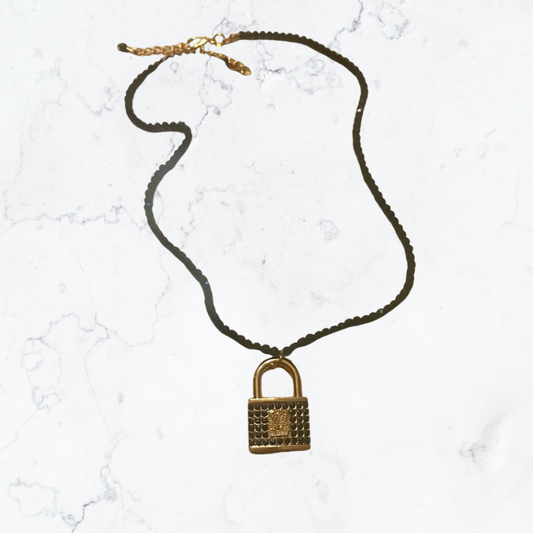 Louis Vuitton Gold and Black Beaded Necklace, Authentic LV Lock Charm