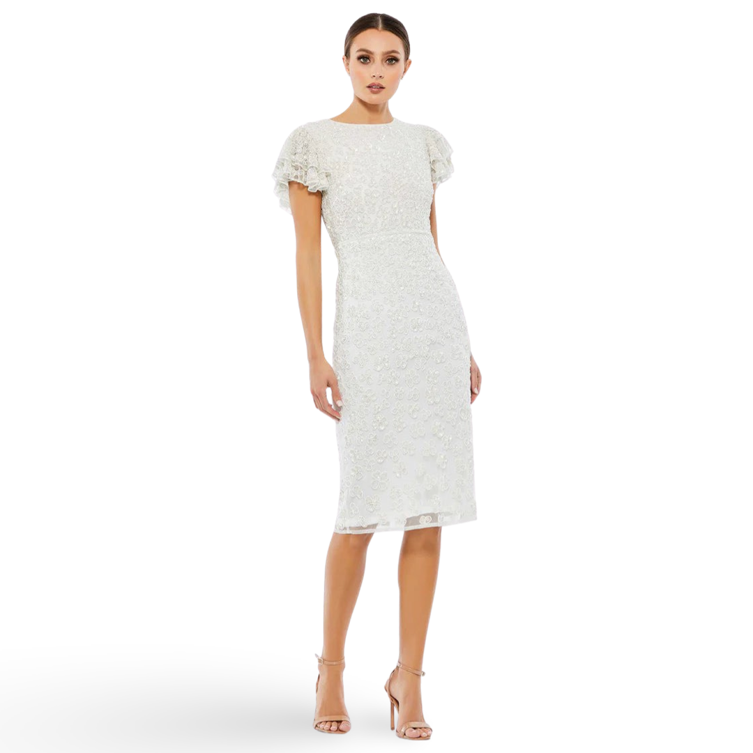 Short Sleeve Dress Midi Beaded Gown in White A10827