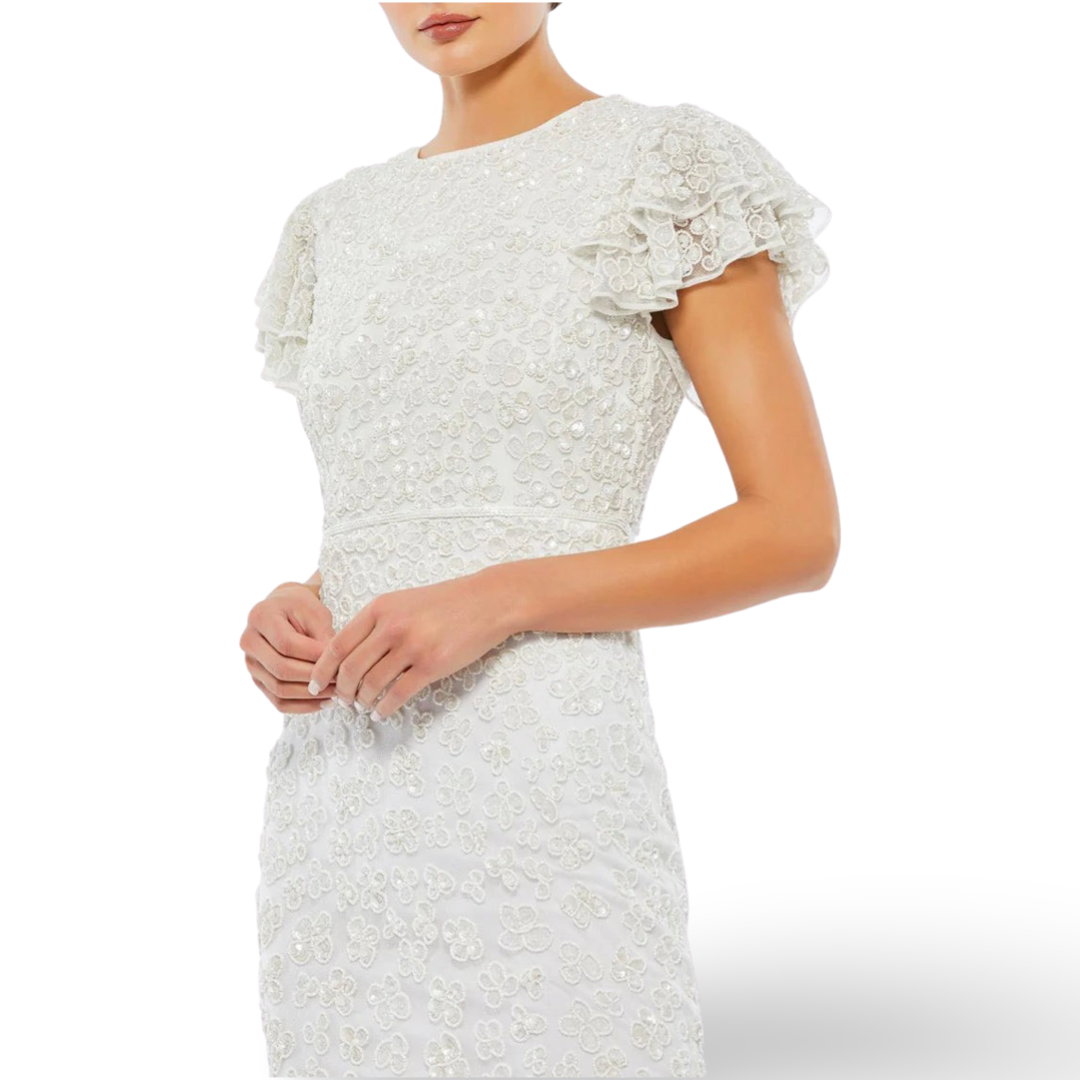 Short Sleeve Dress Midi Beaded Gown in White A10827